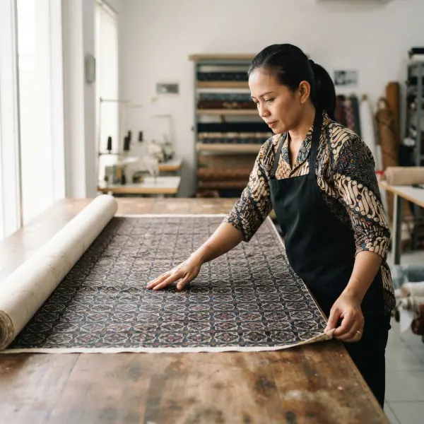 Quality control kain batik ceplok untuk memeriksa motif, warna dan kualitas permukaan kain