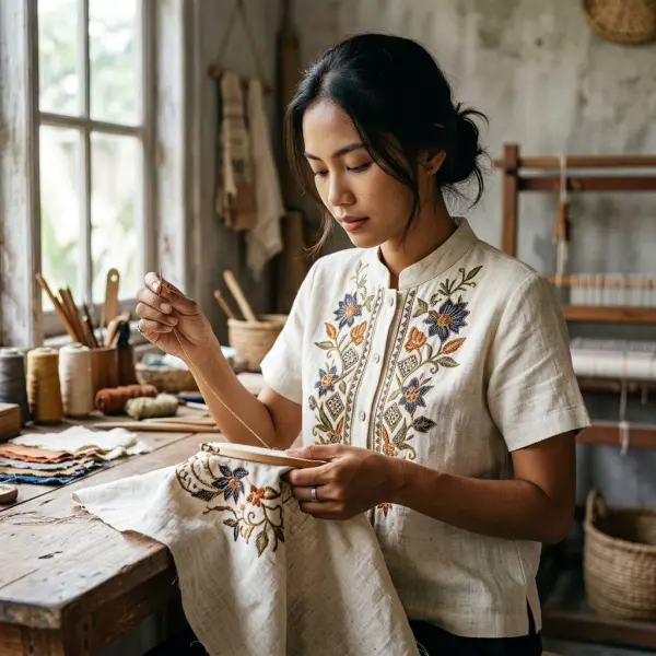Detail sulaman tradisional yang diterapkan pada produk fashion kontemporer