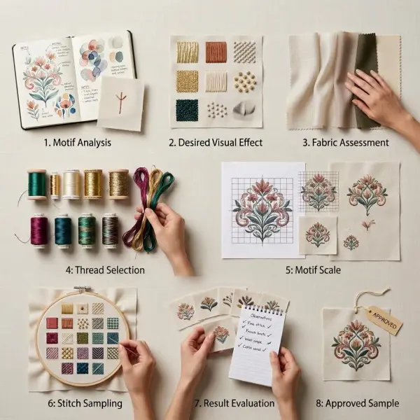 Alur memilih tusuk sulam dari motif hingga approved sample