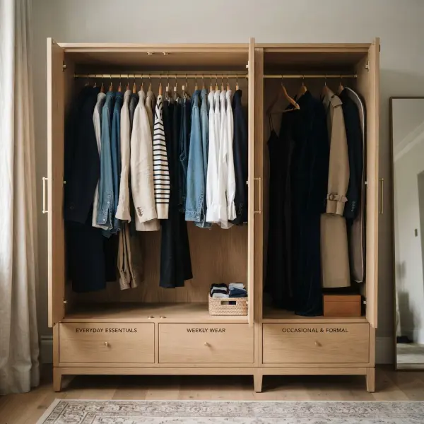 Wardrobe divided between regularly worn clothing and rarely used garments