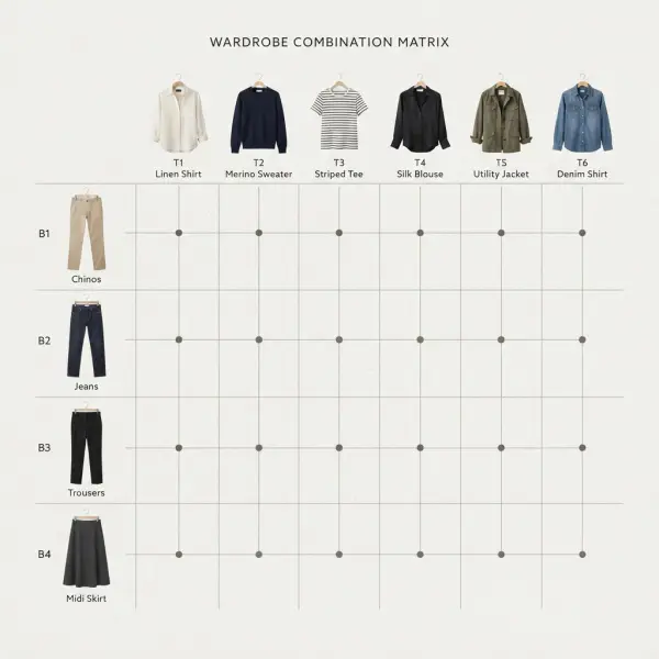Simple matrix showing how compatible tops and bottoms create multiple outfit combinations