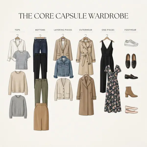 Everyday capsule wardrobe showing tops, bottoms, outerwear, dress and footwear that coordinate together