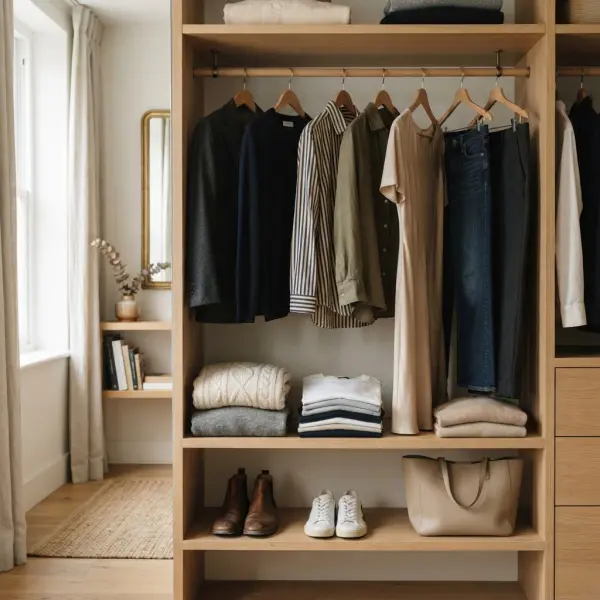 Curated capsule wardrobe with versatile everyday clothing arranged in a modern closet