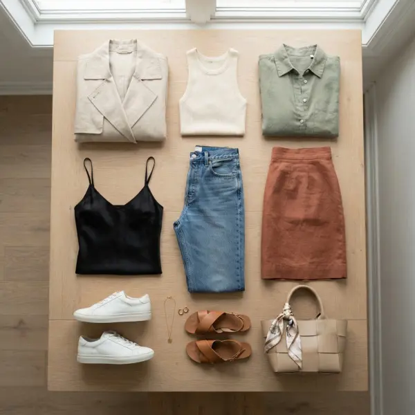 Coordinated capsule wardrobe garments laid out to show practical outfit compatibility