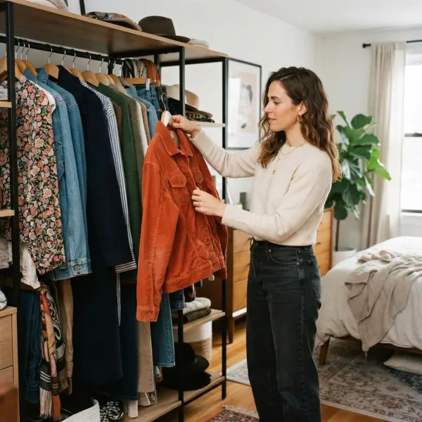 Woman selecting a distinctive jacket from a practical capsule wardrobe with coordinated everyday clothes