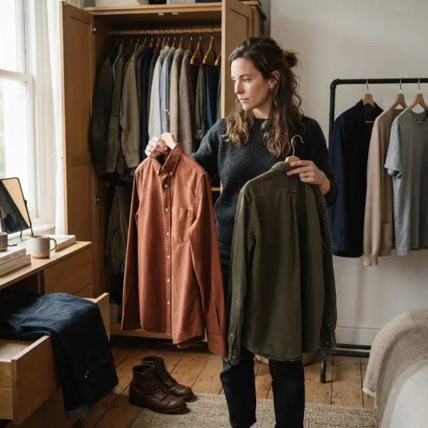 Shopper evaluating a versatile garment against clothes already in a capsule wardrobe