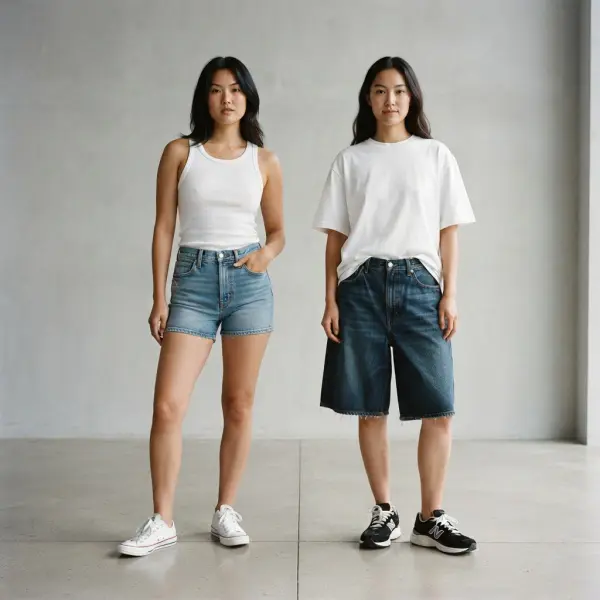 Perbandingan visual denim shorts pendek dan jorts dengan siluet lebih panjang