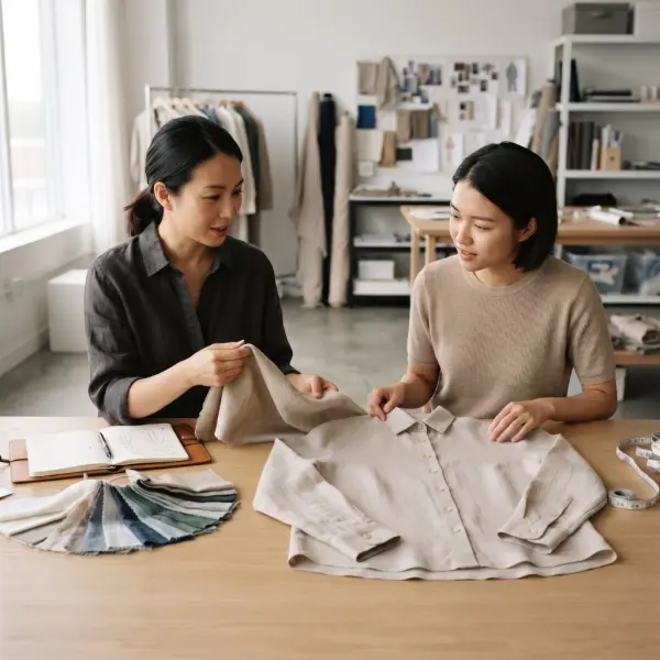 Tim fashion mengevaluasi kain polo linen untuk pengembangan produk komersial Tim fashion mengevaluasi kain polo linen untuk pengembangan produk komersial