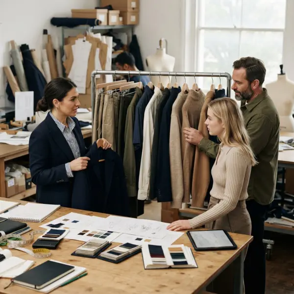 Fashion retail team planning a coordinated capsule collection with garments and fabric swatches