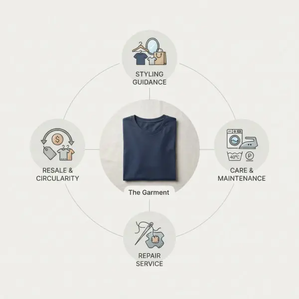 Fashion retail team planning garments alongside repair styling and resale services