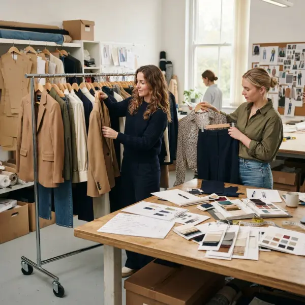 Fashion merchandising team planning mix-and-match outfits from a coordinated apparel collection