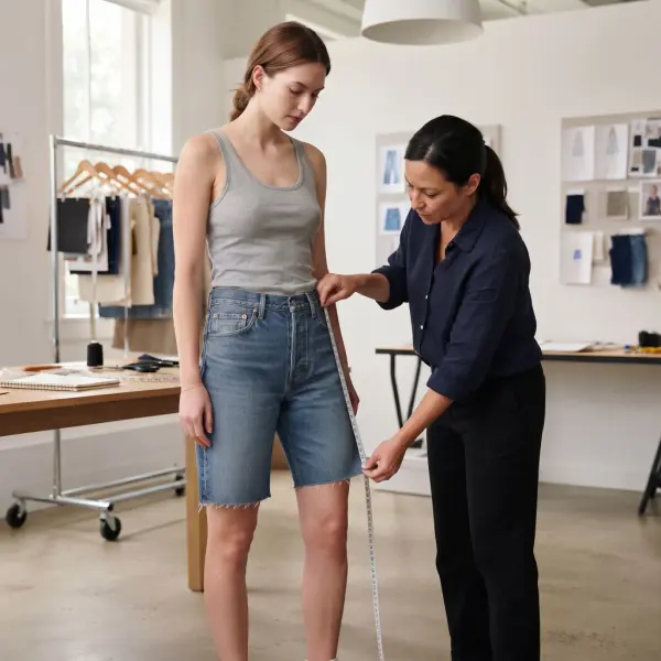 Proses fitting jorts denim untuk mengevaluasi panjang dan proporsi fit
