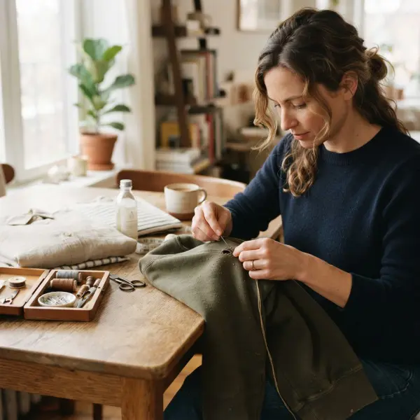 Person repairing and caring for frequently worn clothing to keep garments in use