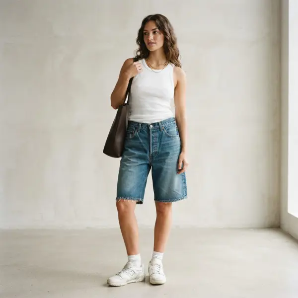 Jorts dengan siluet relaxed dan medium wash yang merepresentasikan pengaruh estetika denim era 1990-an