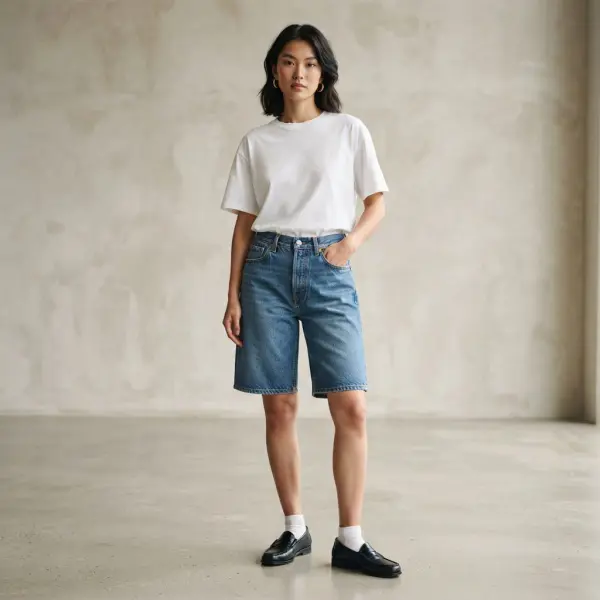 Siluet jorts denim dengan panjang mendekati lutut dan kaki yang relaxed