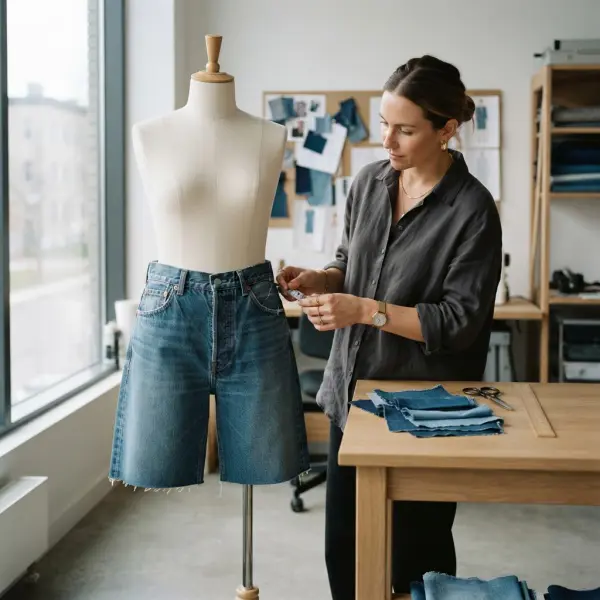 Pengembangan produk jorts denim dalam studio desain fashion