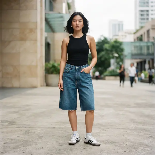 Jorts denim berpotongan panjang sebagai bagian dari tren denim modern