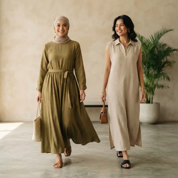 Dress dan gamis berbahan polo linen dengan siluet ringan dan flowy Dress dan gamis berbahan polo linen dengan siluet ringan dan flowy