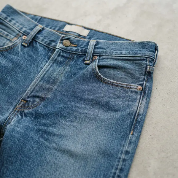 Detail tekstur dan karakter denim pada jorts dengan jahitan serta finishing yang terlihat jelas