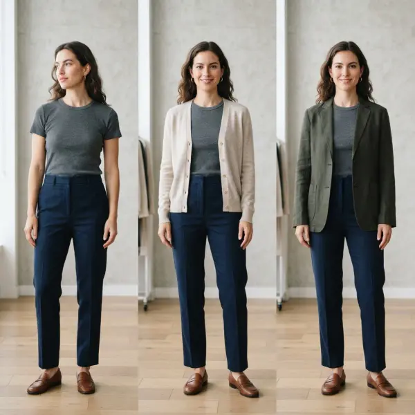Same shirt and trousers styled with different outer layers for multiple outfits