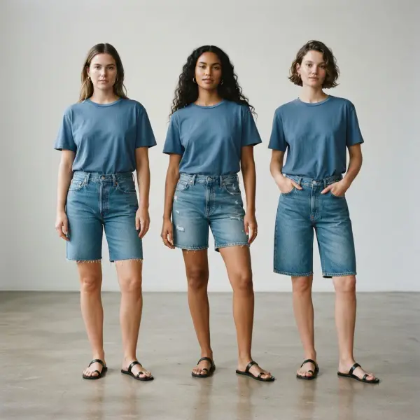 Perbandingan visual jorts denim berdasarkan panjang dari pertengahan paha hingga sekitar lutut