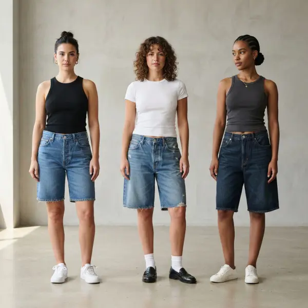 Perbandingan proporsi jorts denim panjang dengan atasan yang lebih fitted