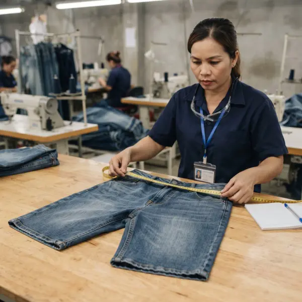 Quality control jorts denim untuk memeriksa ukuran jahitan dan konsistensi finishing