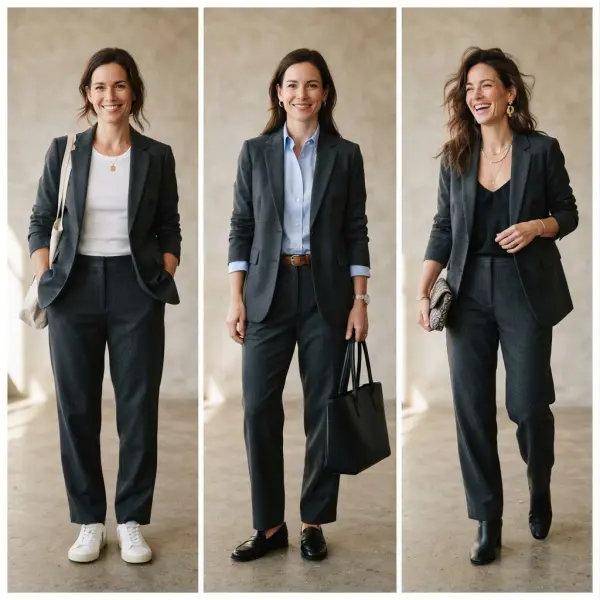 Same wardrobe staples styled into different outfits with personal color and accessories