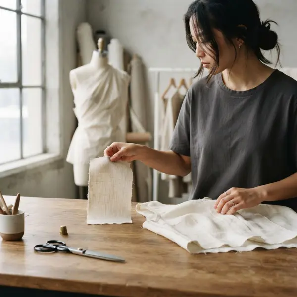 Proses evaluasi sampel kain polo linen untuk pengembangan produk fashion