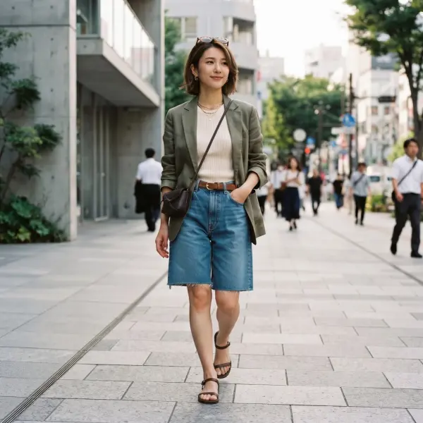 Styling jorts denim dengan atasan fitted dan elemen fashion yang lebih rapi