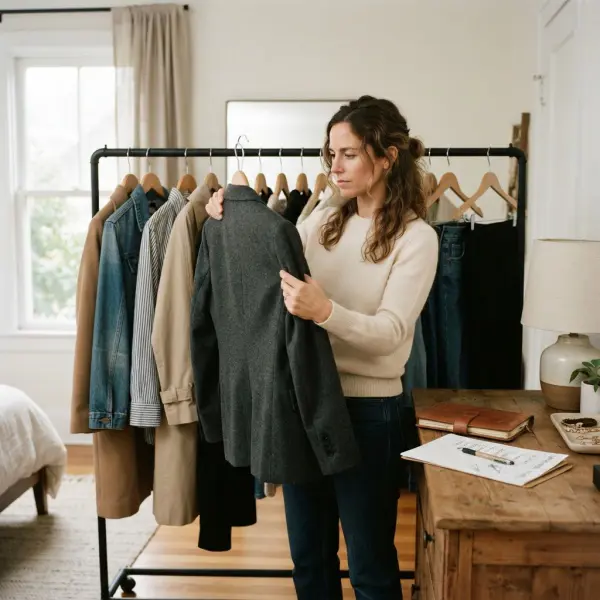 Person reviewing existing clothes before making a new fashion purchase