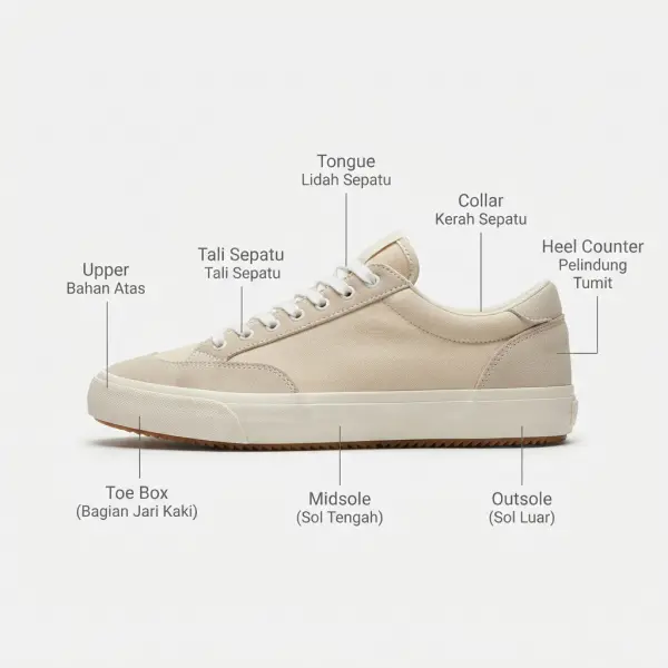 Diagram bagian sepatu yang memengaruhi kenyamanan untuk aktivitas kampus