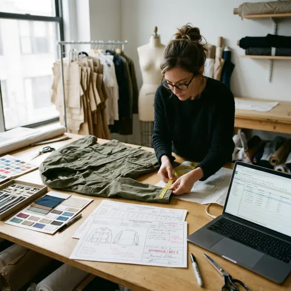 Fashion product developer reviewing garment tech pack revisions and approved sample