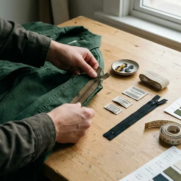 Apparel product developer evaluating zippers buttons labels and elastic trims