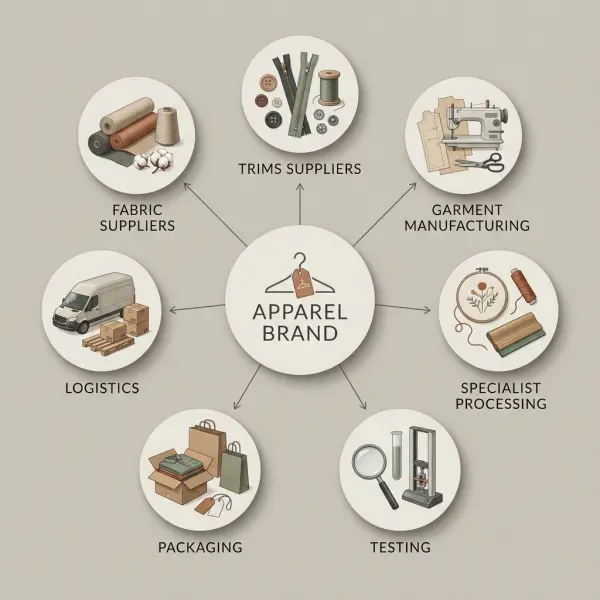 Apparel vendor ecosystem from fabric and trims suppliers to garment manufacturing and logistics