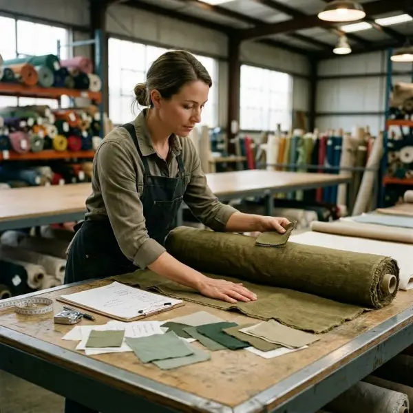 Textile sourcing specialist inspecting fabric color texture width and specification