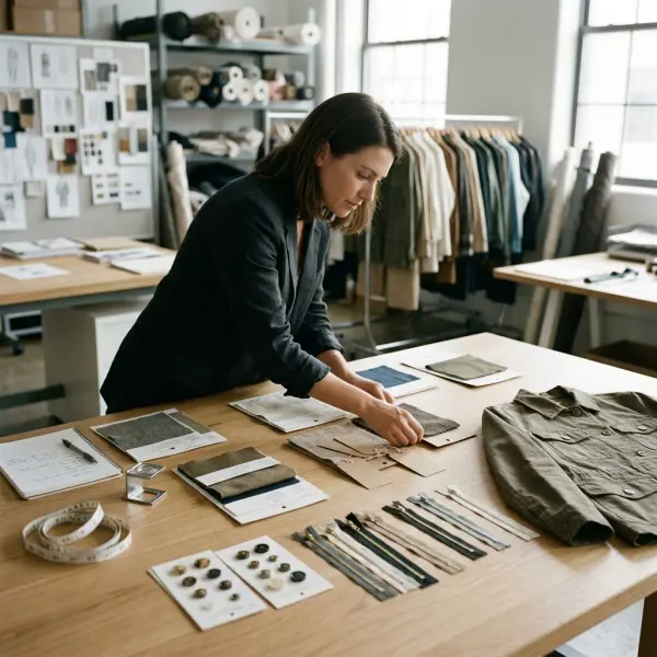 Fashion sourcing team evaluating fabric swatches trims and garment production samples