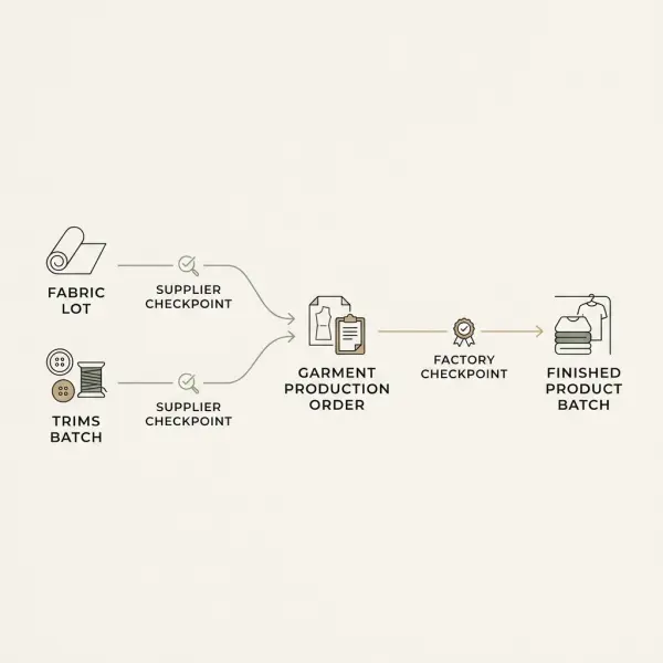 Fashion supplier traceability connecting fabric trims and garment production records