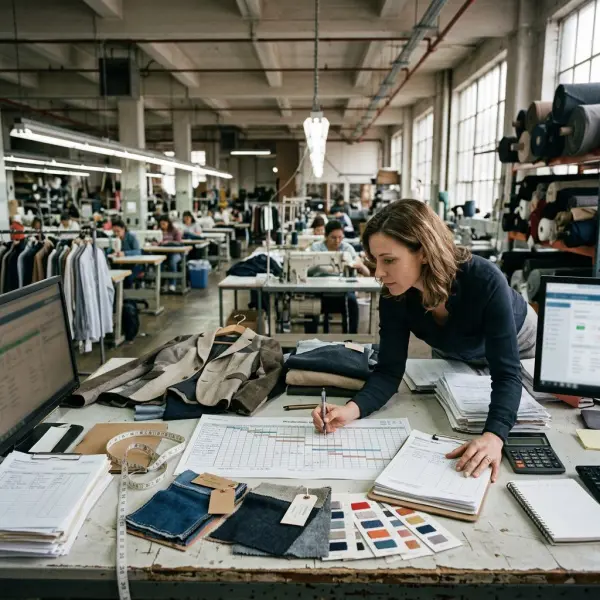Apparel production team reviewing supplier delays and garment manufacturing schedule