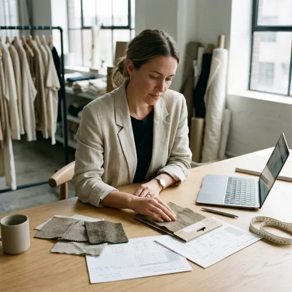 Fashion sourcing manager reviewing fabric samples and supplier information for apparel production