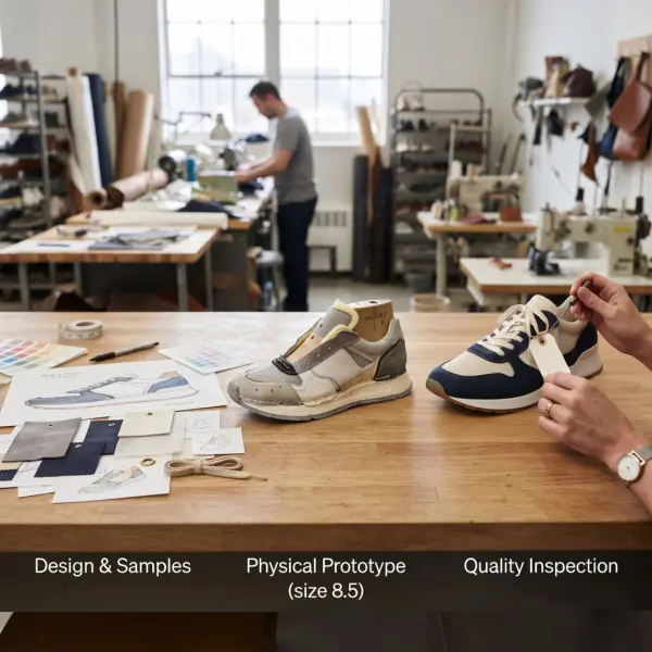 Proses pengembangan sepatu kampus dari sample hingga pemeriksaan kualitas