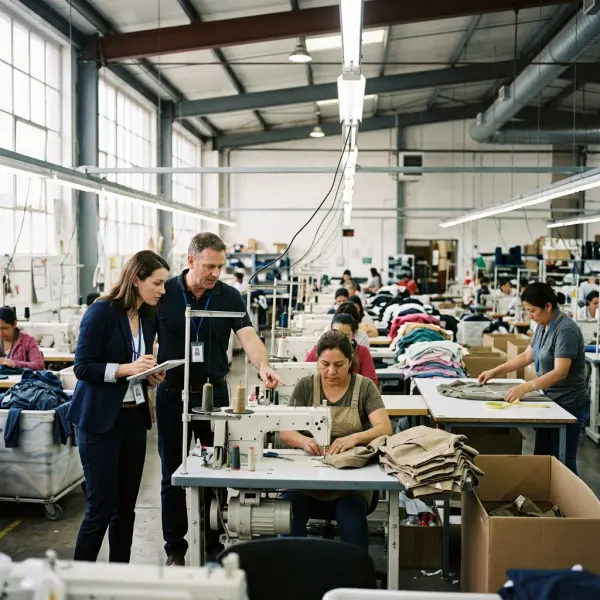 Apparel sourcing manager evaluating garment factory production capability and quality