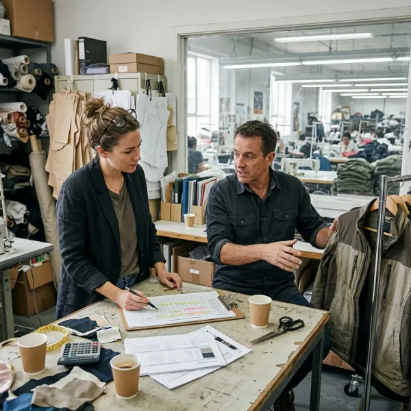 Fashion brand and garment factory team discussing production performance