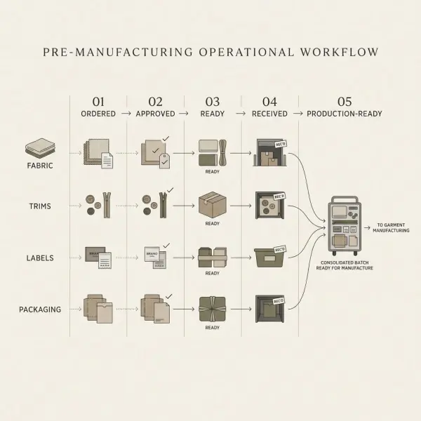Apparel production material readiness workflow for fabric trims and garment manufacturing
