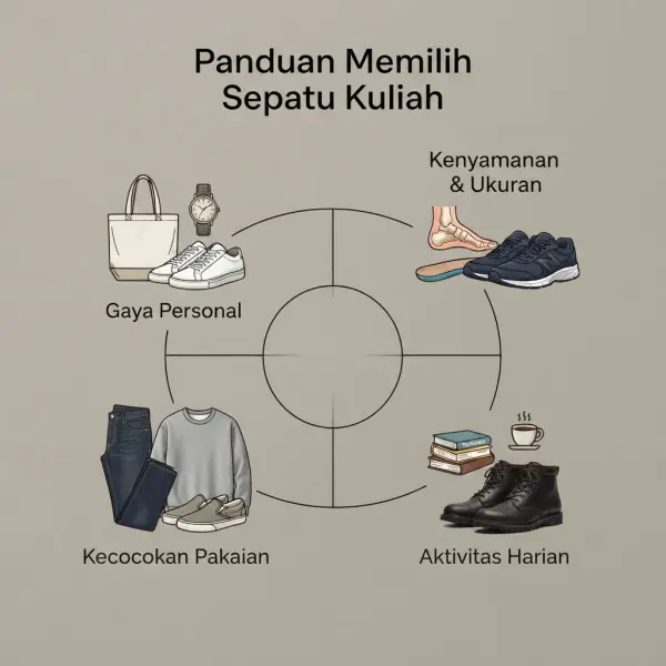 Kerangka sederhana mempertimbangkan gaya, aktivitas, kenyamanan, dan kesesuaian saat memilih sepatu kampus