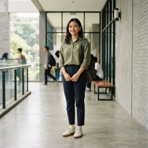 Mahasiswa memadukan outfit kampus dengan sepatu sebagai bagian dari keseluruhan gaya berpakaian