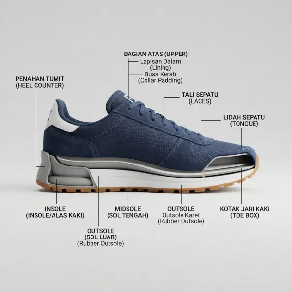 Struktur dasar sepatu yang menunjukkan bagian upper midsole insole dan outsole