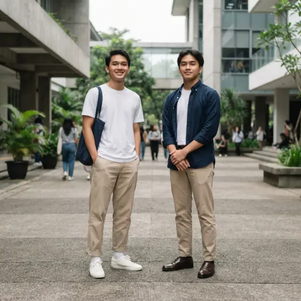 Perbandingan gaya mahasiswa dengan sepatu kasual dan sepatu yang lebih formal untuk aktivitas kampus