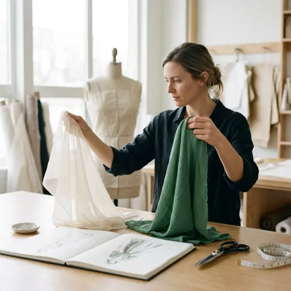 Fashion designer comparing crepe and chiffon swatches during dress development