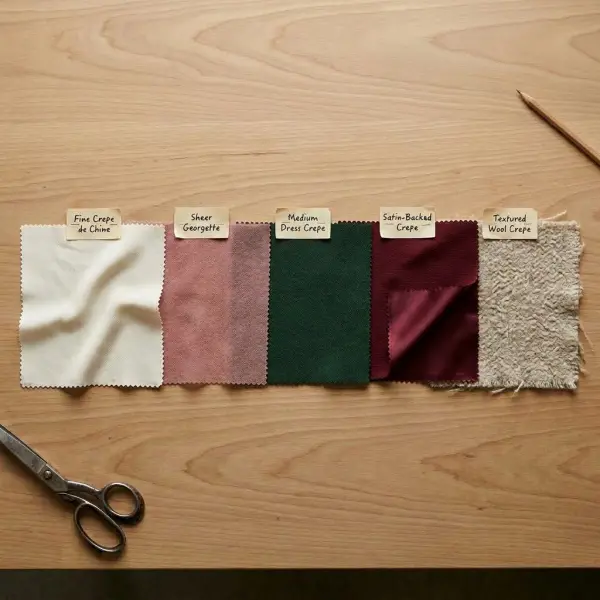 Textile swatches showing different types of crepe fabric used in fashion